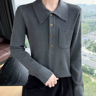 气质休闲POLO领针织衫女秋冬修身显瘦打底毛衣半开领纽扣衫代发