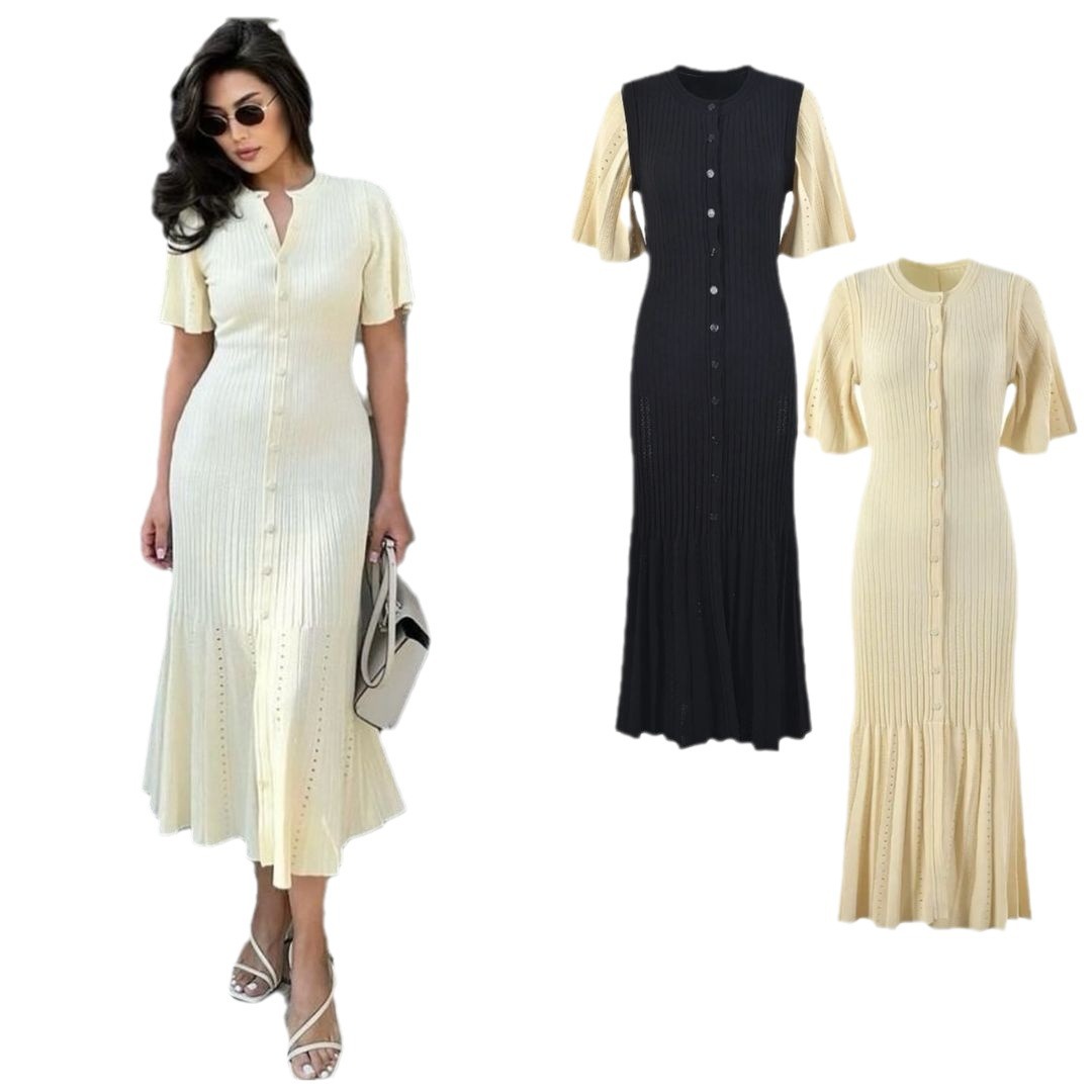 summer solid color elegant knitted long skirt with a round collar