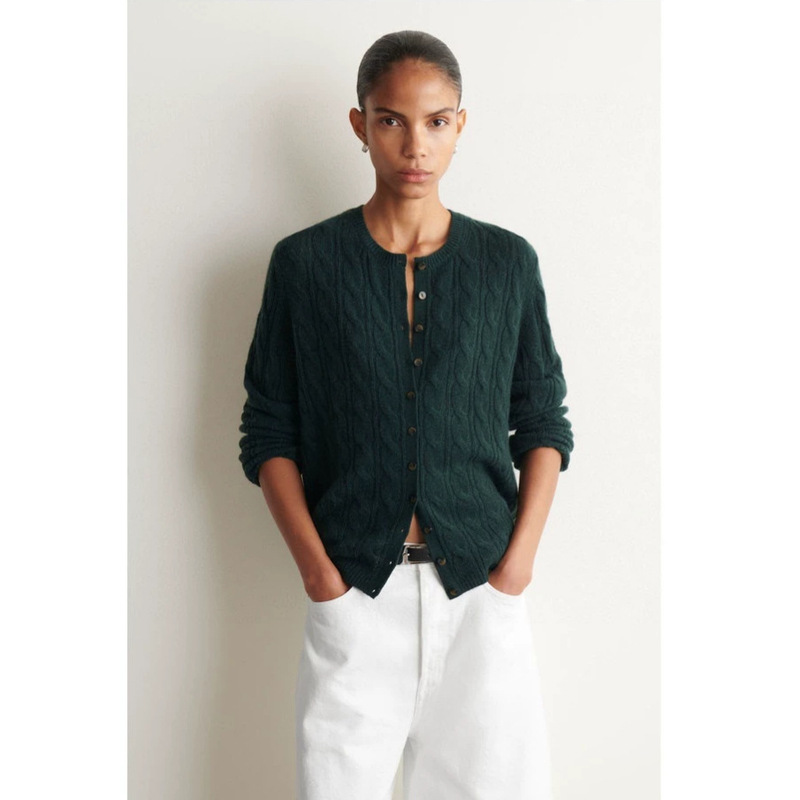 COS-style women's clothing, same model as in the mall, standard fit, cable-knit cashmere cardigan, ivory white, new autumn 2026 product