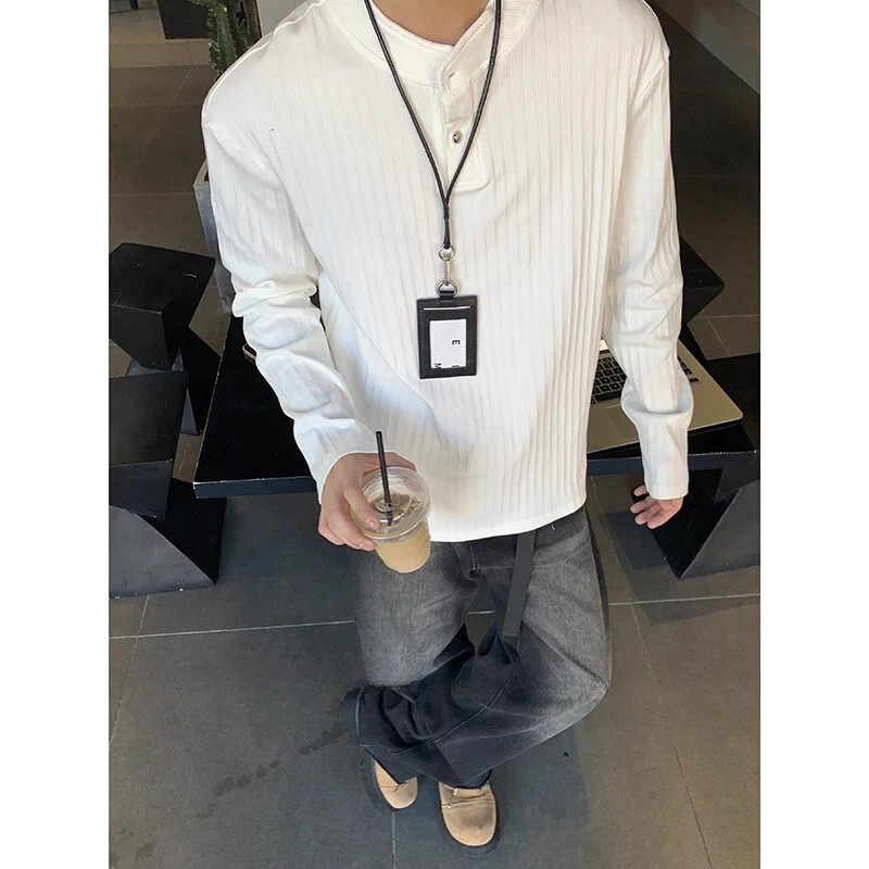 American White Henley Collar Polo Shirt Long-Sleeved T-Shirt Men's Autum High-Bottom Hooded Sweatshirt with Bottoming Top