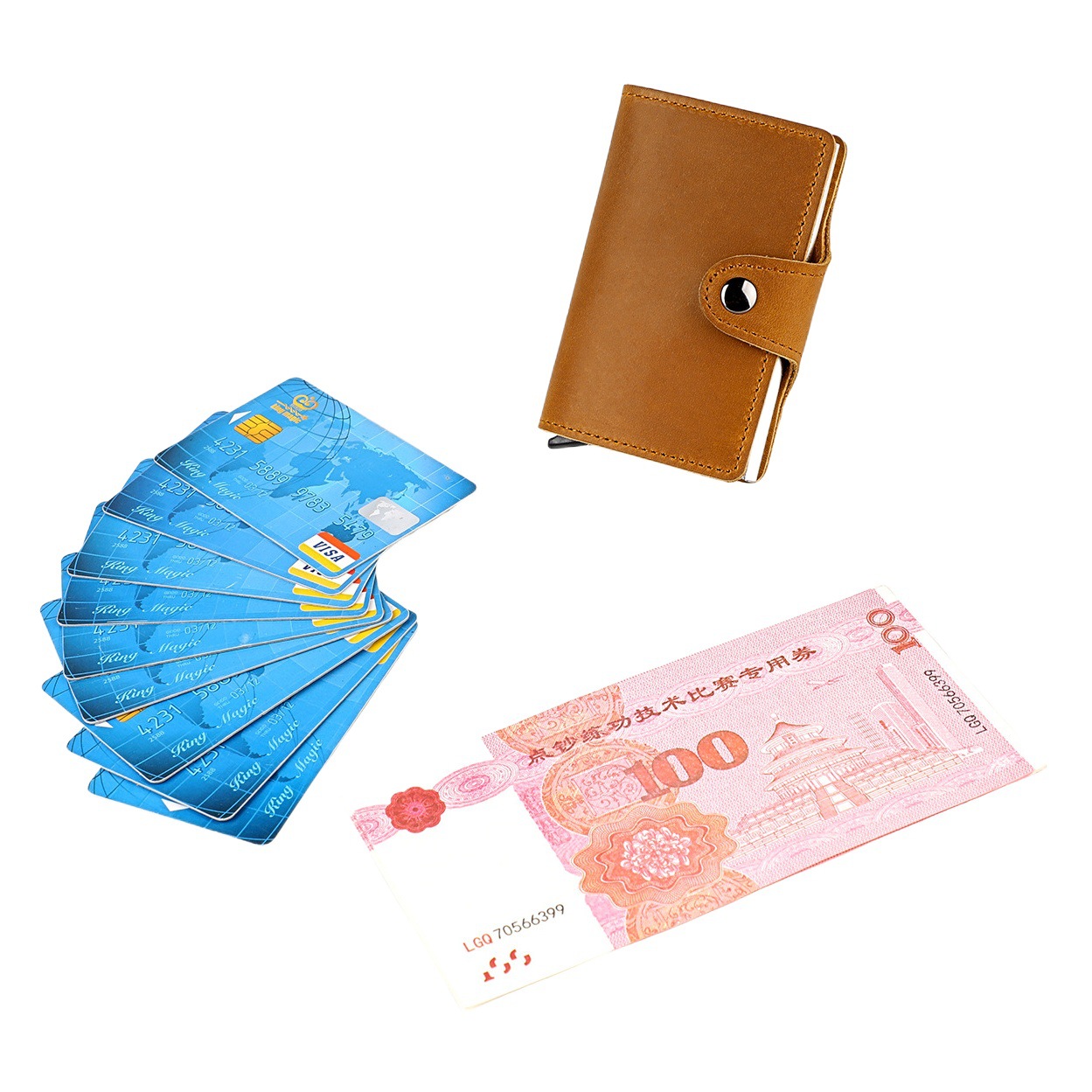 Cross-border e-commerce Europe and the United States retro Crazy Horse leather automatic aluminum box card set automatic pop-up anti-degaussing card package a generation of hair