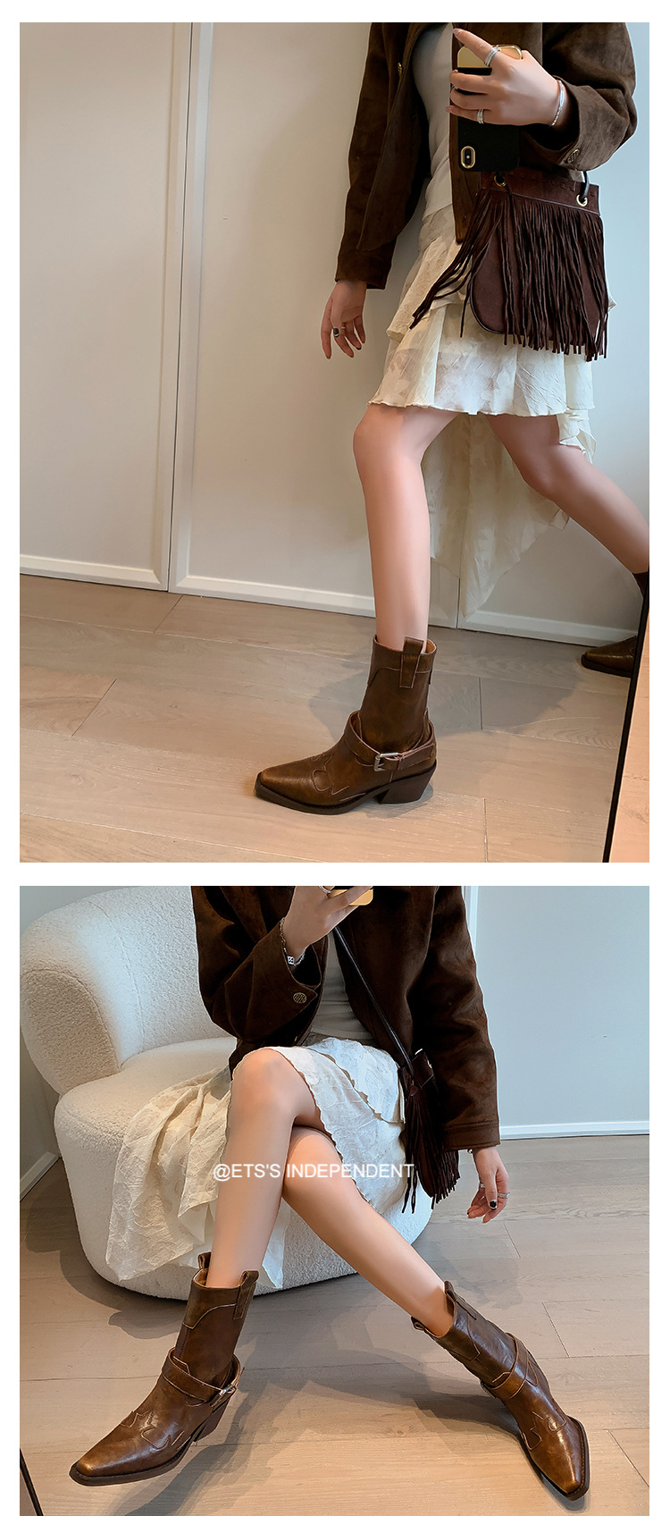 Boot nữ cao gót mũi nhọn chữ V kiểu cowboy gót thô khóa thắt lưng — Màu nâu [lót nhung] chi tiết 15