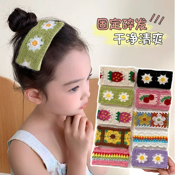 French-Style Retro Knitted Embroidered Magic Tape Hairband for Children 2024 New Model, Sweet Bangs Organizer