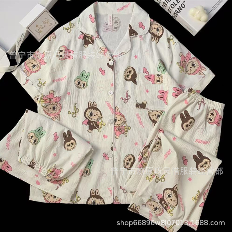 Hermosos pijamas de tela de rabu mujeres primavera y otoño verano nubes de algodón dulce mangas cortas pantalones cortos de tres piezas ropa para el hogar