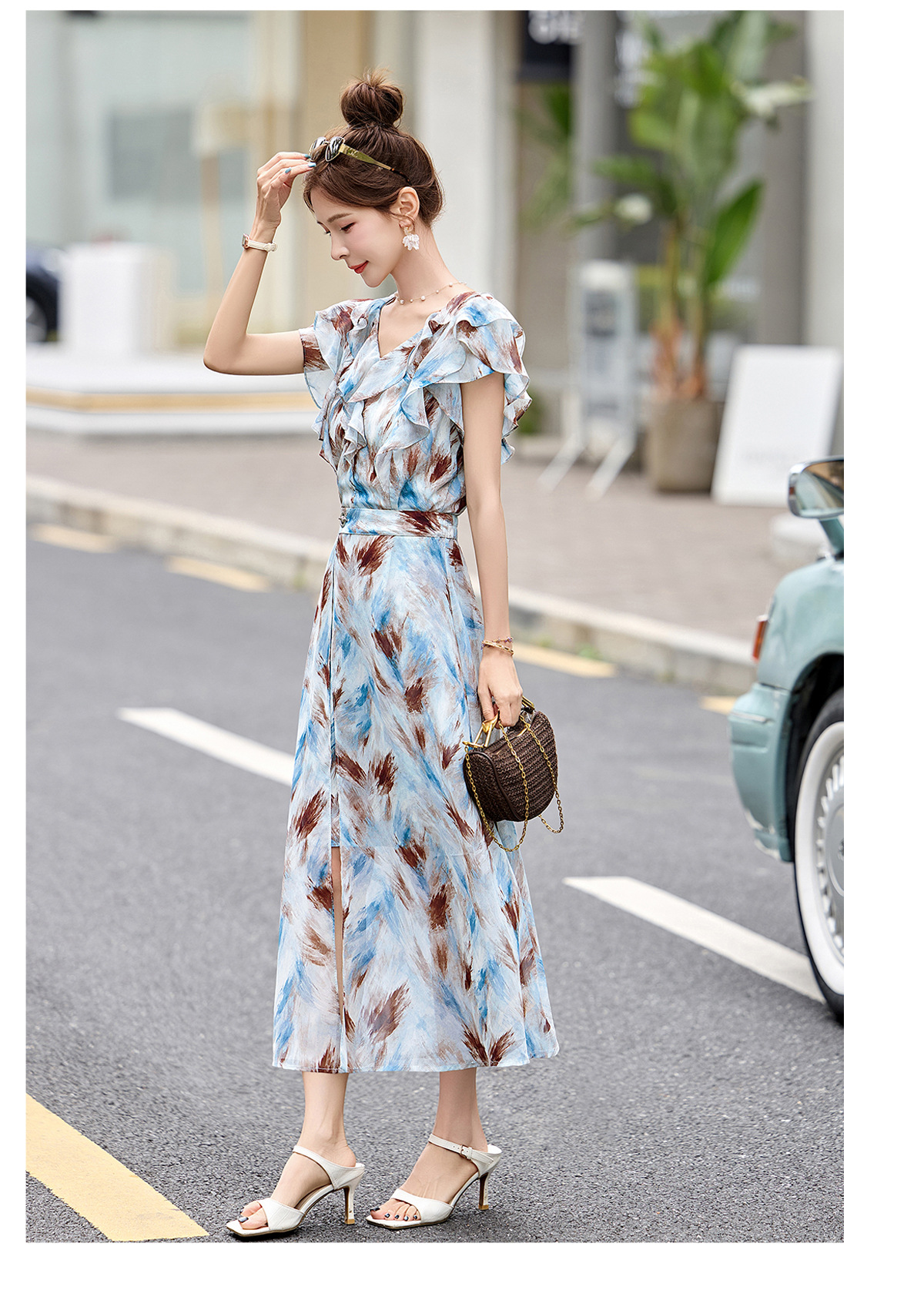 Đầm maxi nữ thắt eo cổ V in họa tiết hoa dáng dài — Hoa xanh lá cây, Hoa xám chi tiết 19