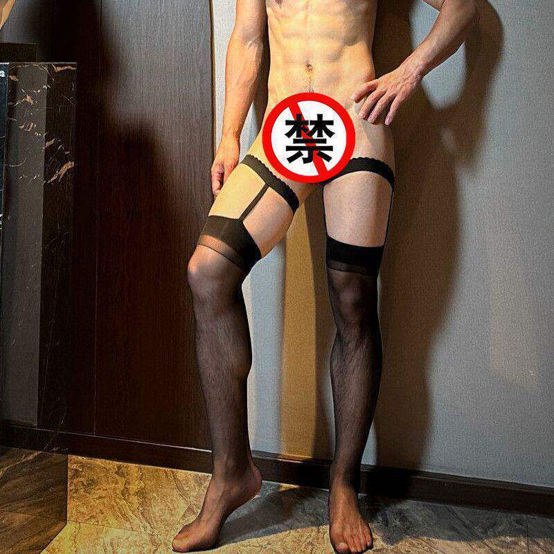 Men's Retro Suspender Thigh-High Stockings, High Elasticity, Smooth and Sexy, Black and White Long Suspender Stockings