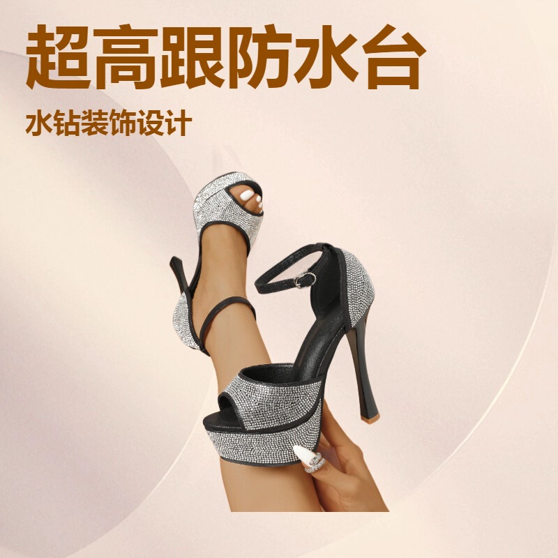 2026 Fashionable New Style Rhinestone Strap Sexy Ultra-High Heel Platform T-Stage Runway 13cm Sandals