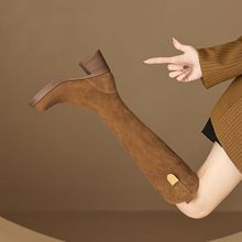 英伦风全皮粗跟长靴女磨砂皮2023秋冬新款高筒骑士靴复古西部靴