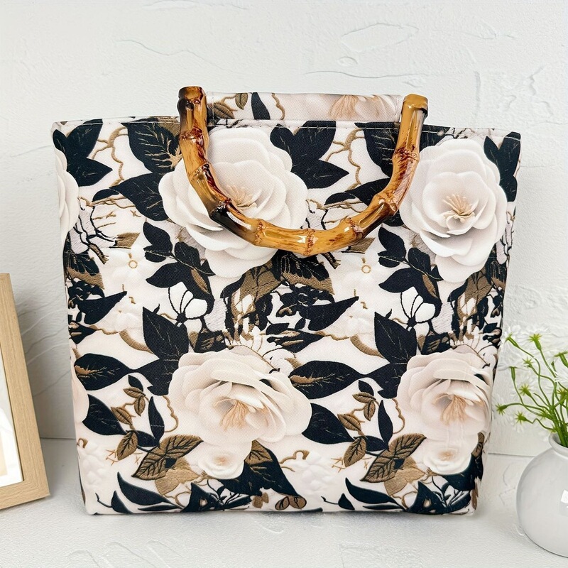 New Stylish Chinese-Style Bamboo-Patterned Bag, Hanfu Tote, Retro Large-Capacity Handbag, Qipao with Zipper H8