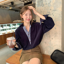 KITTIN 秋季韩系高智风灯芯绒拼接条纹假两件翻领长袖衬衫女I8803