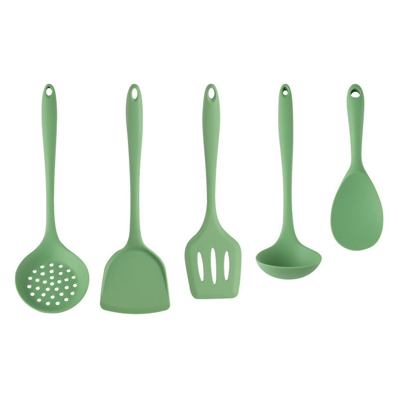 Fruta verde silicona sartén antiadherente para cocinar espátula cuchara colador de silicona doméstica cuchara de arroz pala utensilios de cocina juego de cinco piezas