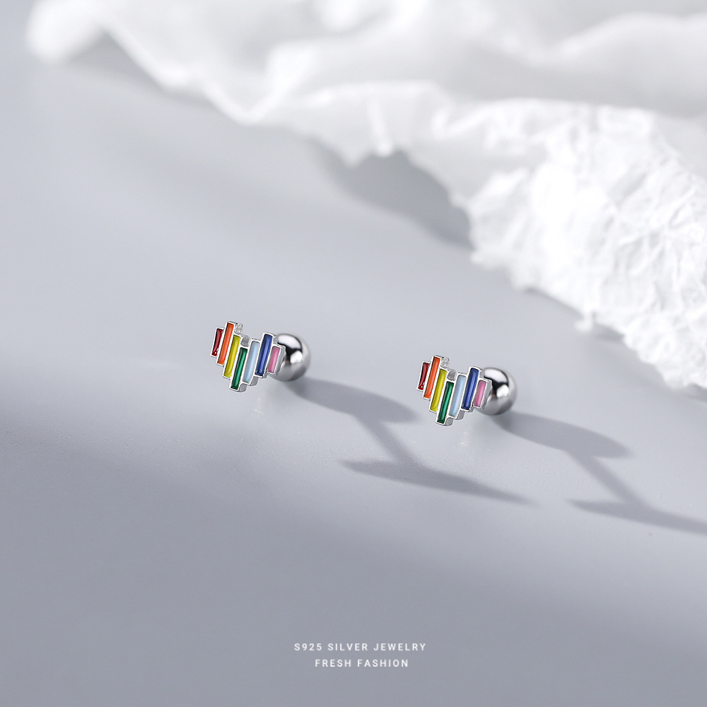 S925纯银数码七色彩虹心形耳钉女日韩系少女心螺丝球堵免耳塞耳环
