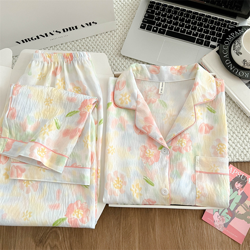 Without Chest Pad Cloud Cotton Two-Piece Pajamas Women's Spring and Autumn Thin Long-Sleeved Trousers Cardigan Home Wear