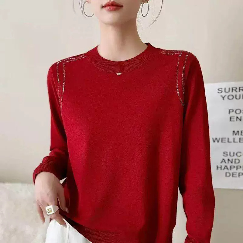 2026 Autumn New Loose-Fit, Slimming, Round-Neck, Stylish Rhinestone-Embellished Long-Sleeve Cropped Knit Sweater Top for Women
