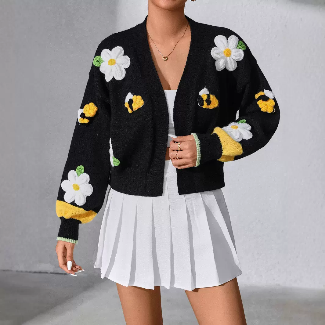 秋冬新款针织衫开衫外套女装手工刺绣花朵小清新软糯毛衣女批发