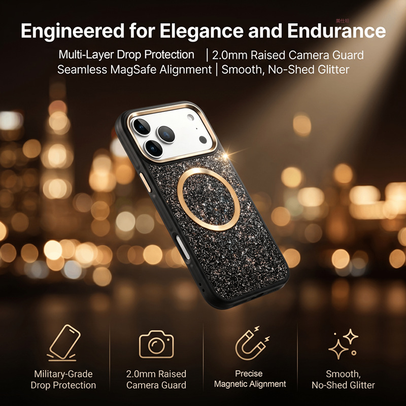 Ốp lưng điện thoại chống sốc viền dày nhũ lấp lánh từ tính cho iPhone 16/17 Pro Max — 【Đen nhũ lấp lánh★Vòng từ】, 【Tím nhũ lấp lánh★Vòng từ】, 【Xanh nhũ lấp lánh★Vòng từ】, 【Hồng nhũ lấp lánh★Vòng từ】 chi tiết 10