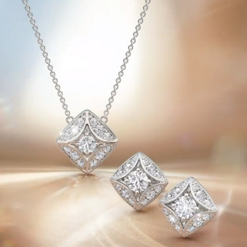 Cao Shi Cross-border Jewelry Set Simple Geometric Rhombus Zirconia Earrings and Necklace for Women Wholesale Supply