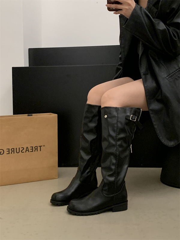 英伦风不过膝长筒靴女2025新款拉链厚底高筒靴褶皱堆堆靴|undefined