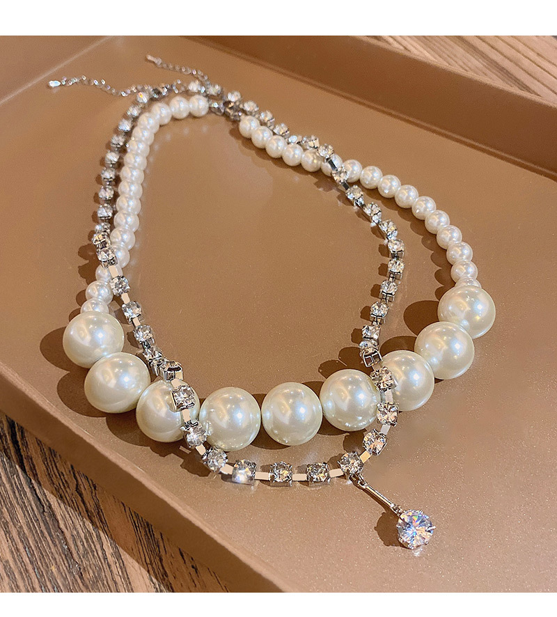 Fashion Geometric Imitation Pearl Titanium Steel Layered Necklaces Layered Zircon Stainless Steel Necklaces_colorza_5