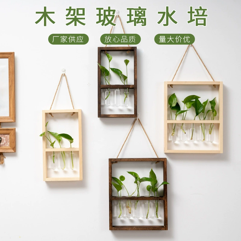 Настенная деревянная рамка, гидропонная стеклянная ваза, гидропонная зеленая ваза для растений, пробирка, ваза для дома, гостиной, спальни, настенная декоративная подвеска