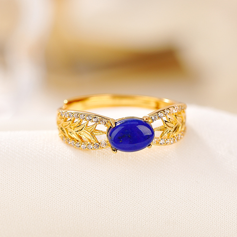 Nhẫn nữ bạc S925 mạ vàng đính đá Lapis Lazuli và Zircon phong cách cổ điển — Mở (một kích thước)