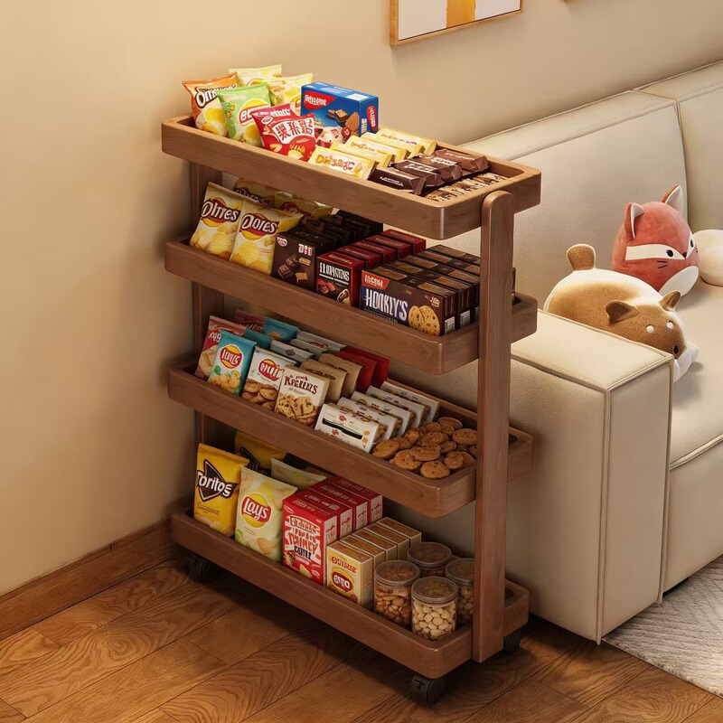 Solid Wood Trolley Storage Rack Universal Wheel Snack Storage Rack Tea House Removable Side Table Sofa Side Cabinet