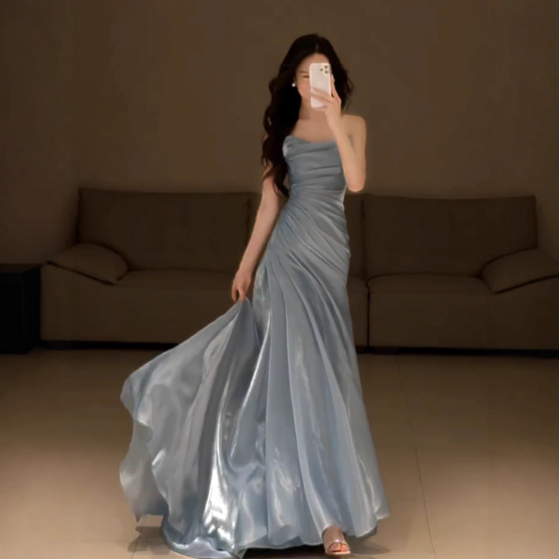 French Tube Top Evening Dress, Dressing Gown, Gray Blue Gilt Gauze Skirt, Elegant and Slim Fishtail Skirt, Birthday Party Dress