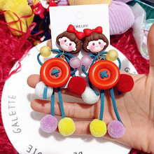 可爱小女孩纽扣流苏毛球长款925银针耳钉马戏团小丑秋冬耳饰女