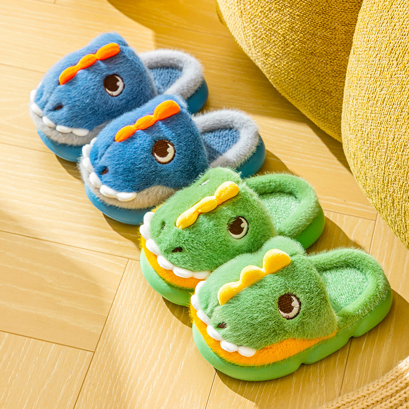 [Otoño e invierno nuevo] Zapatillas de lana para niños de invierno dibujos animados lindo dinosaurio bolsa talón Zapatillas de algodón para niños calientes