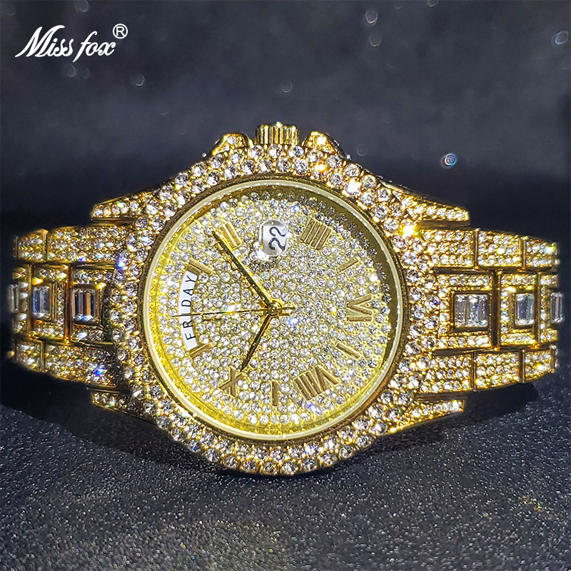 Missfox Dual Calendar Cross-Border New Model Full Diamond High-End Men's Quartz Watch Gentleman's Wristwatch Gold Fashion