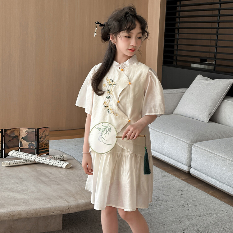 女童夏装新中式国风短袖短裙儿童洋气仿天丝复古女孩刺绣汉服套装