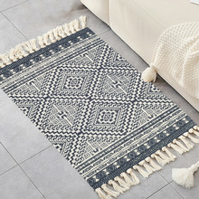 北欧几何图案流行地垫手工编织棉麻流苏脚垫波西米亚茶几简约地毯
