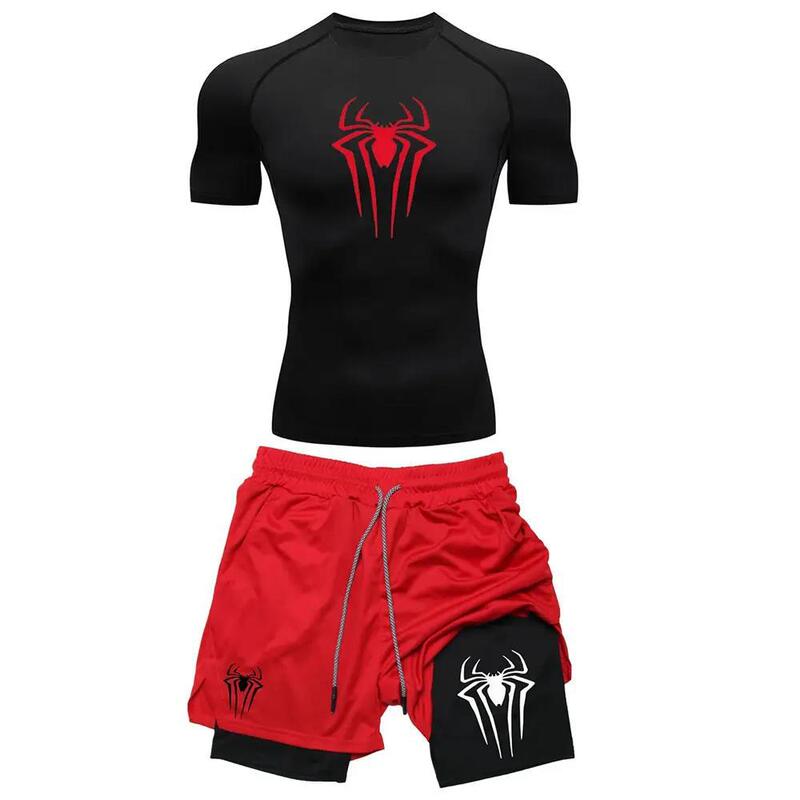 男子のトレーニング圧縮集Y2Kスパイダープリントジムtシャツ通気ランニングパンツ速乾運動皮|undefined