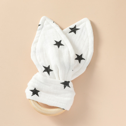 Cross-border best-selling new animal ears biting mouth infant teething toy 100% cotton edible printing rabbit ears