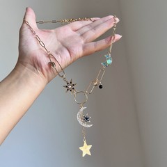 镶钻星星月亮吊坠项链复古小众时尚气质锁骨链轻奢高级感项饰批发