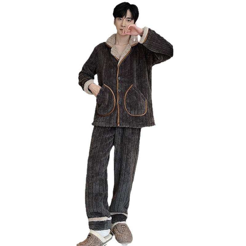 2025 新しいコーラルベルベットパジャマメンズ冬肥厚メンズスーツプラスベルベットフランネル秋と冬のホームウェアメンズスタイル