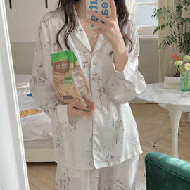 韩国ins女士外贸新复古新中式风缎面水墨画简约睡衣家居服套装女