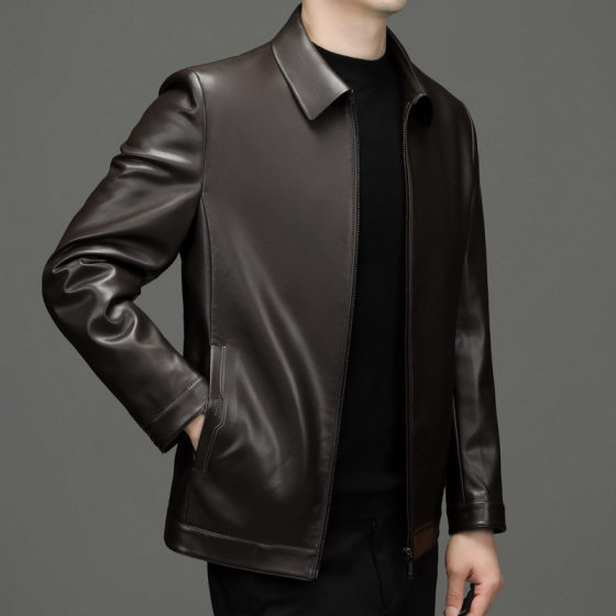 Factory wholesale leather men's coat short PU leather business lapel autumn middle-aged dad leather jacket