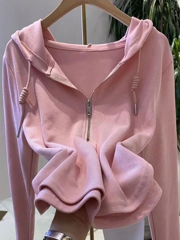 2025 Autumn New Solid Color Zipper Hooded Long Sleeve T-Shirt for Women Korean Style Casual Versatile Slimming Base Shirt Top 2025 Autumn New Solid Color Zipper Hooded Long Sleeve T-Shirt for Women Korean Style Casual Versatile Slimming Base Shirt Top