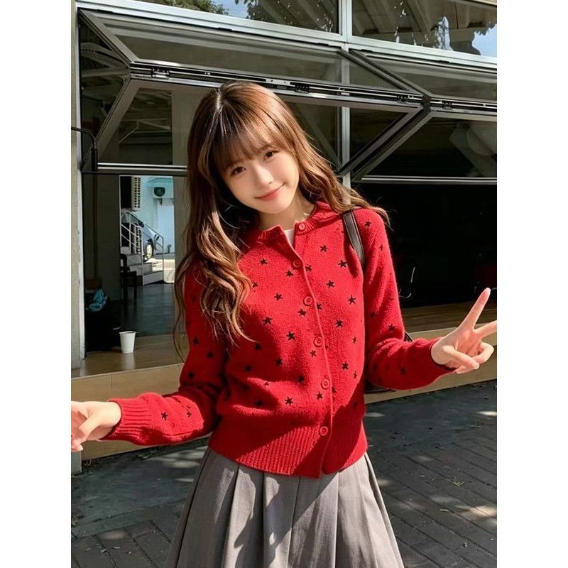 2026 Spring New Star Blue Round Neck Knit Cardigan for Women, Spring and Autumn Jacquard Loose Sweater Coat, Short Top 2026 Spring New Star Blue Round Neck Knit Cardigan for Women, Spring and Autumn Jacquard Loose Sweater Coat, Short Top