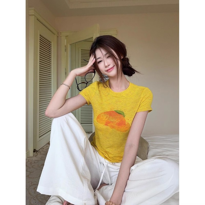 美しい花糸フルーツプリントラウンドネック半袖Tシャツレディース2025夏新作万能ショートシャツトップ|undefined
