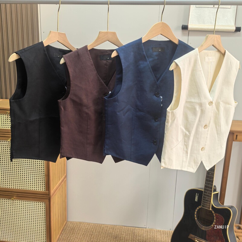 Formal Style C Mature V-Neck Buttoned Vest for Women 26 Summer French Linen Vest Suit Vest Layering 484276