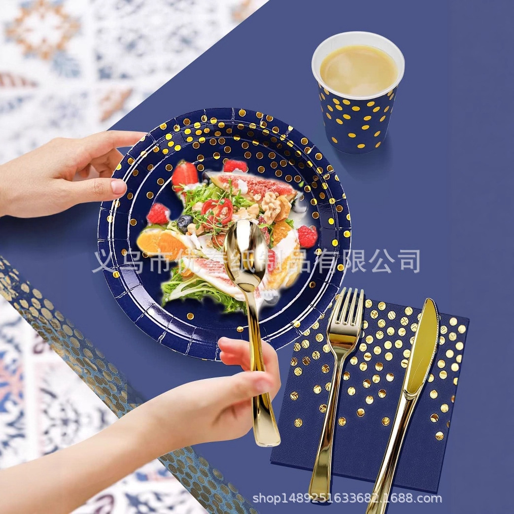 Platos de papel azul marino con estampado dorado, servilletas de papel, juego de vajilla desechable, mantel para fiestas, ecológico, biodegradable, apto para alimentos, en caja.