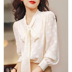 通勤飘带时尚衬衣女OL设计感轻奢上衣2025春秋洋气蝴蝶结衬衫女
