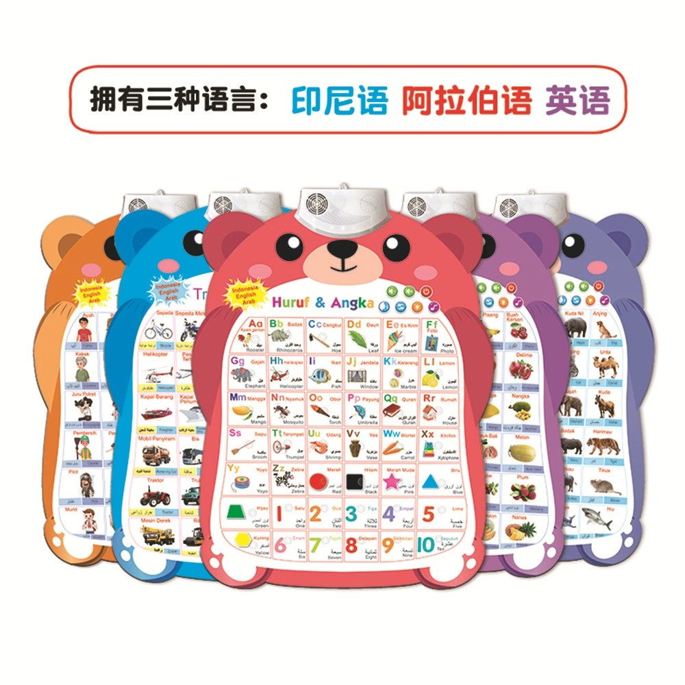 Трансграничная индонезийская трехязычная аудио настенная диаграмма для дома, детские забавные музыкальные наклейки для экзаменов, настенные наклейки для раннего образования, просветительские развивающие игрушки
