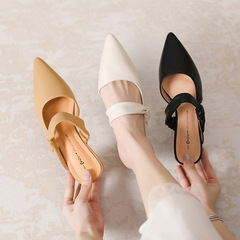 法式尖頭包頭一字帶跟半拖鞋女2024夏季包頭中跟拖鞋後空粗跟高跟