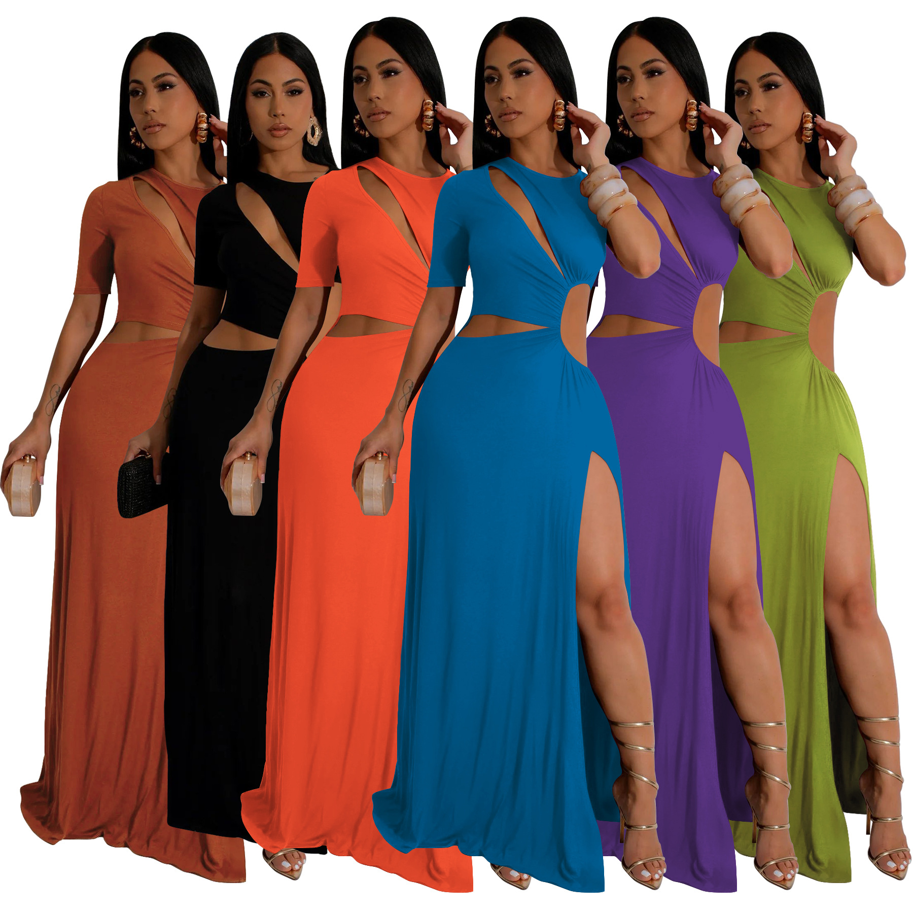 K10805 Sexy Asymmetrical Maxi Skirt with Cut-Out Waist