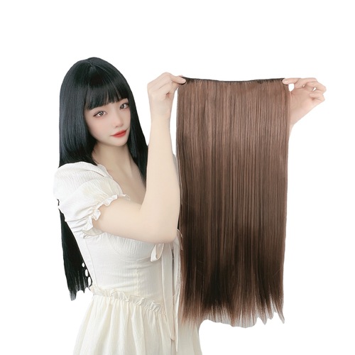 Wig for women with long hair, one-piece, four-card high-temperature wire hair extensions, cross-border foreign trade, black long straight wig, one-piece drop shipping