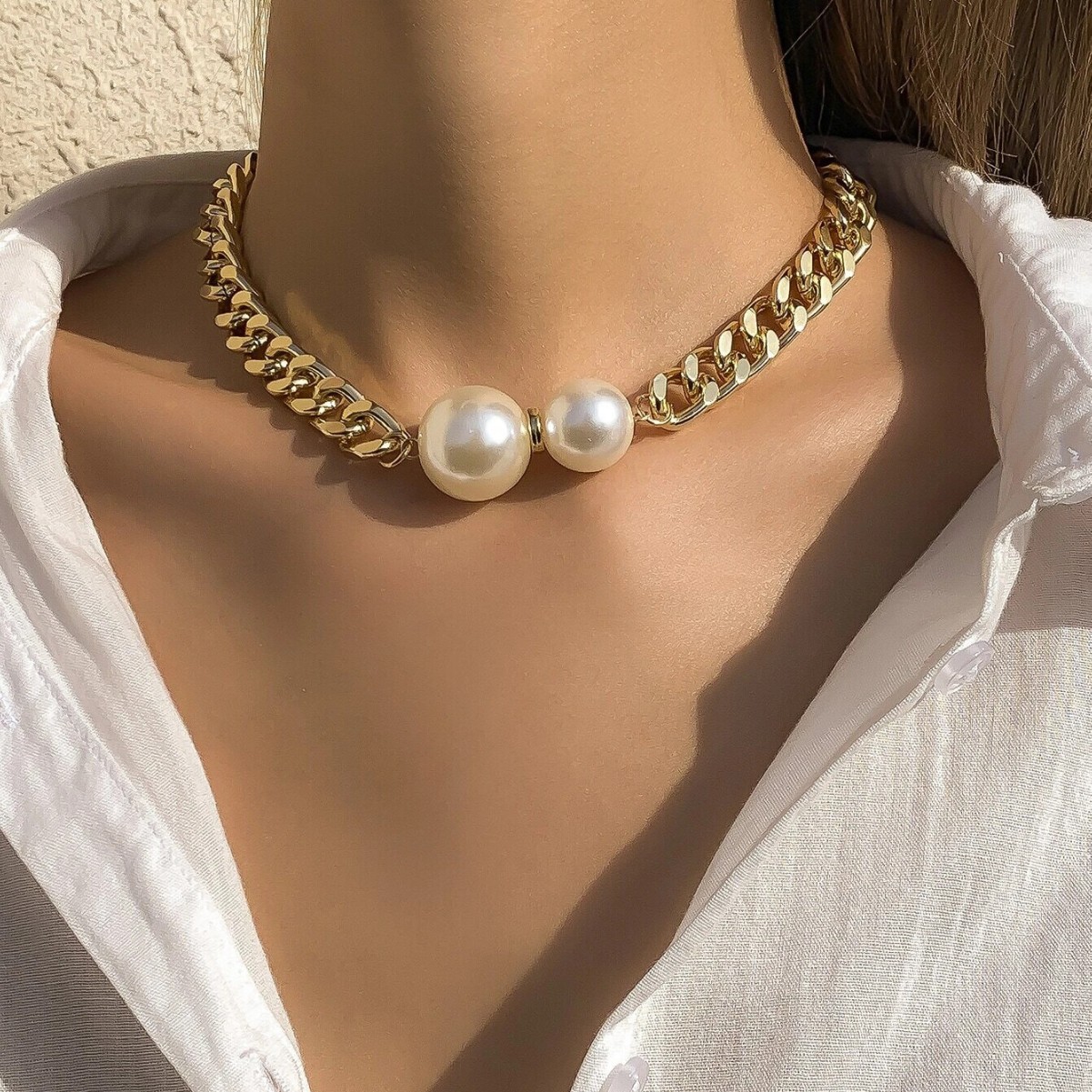 Colar de corrente cuban com pérolas para mulher joia presente_voghion.com