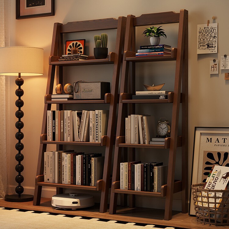 Solid Wood Trapezoidal Bookshelf Floor-Standing Storage Rack Multi-Layer Storage Display Rack Stepped Bookcase Storage Cabinet Integrated Against the Wall